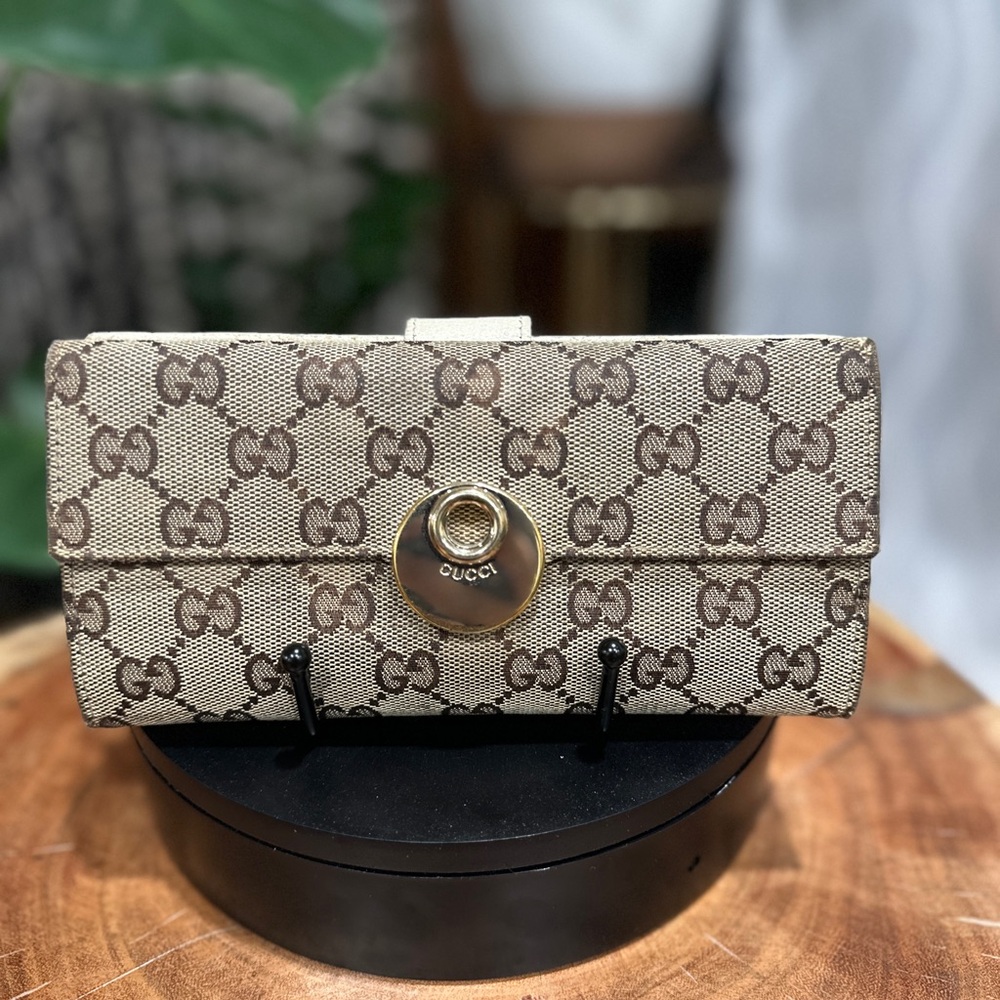 Gucci Brown GG Supreme Canvas Wallet with Gold-Tone Snap Vintage - Picture 3 of 12